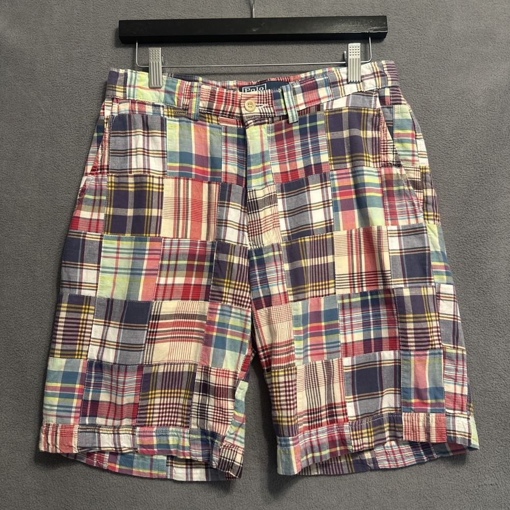 VTG Y2K Polo Ralph Lauren Prospect Shorts Mens 30 Madras Plaid Preppy Patchwork